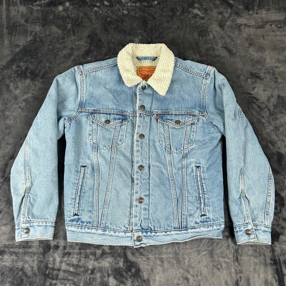 Levi's Sherpa Trucker Jacket Mens Small Light Blue Denim Faux Fur 16365-0110